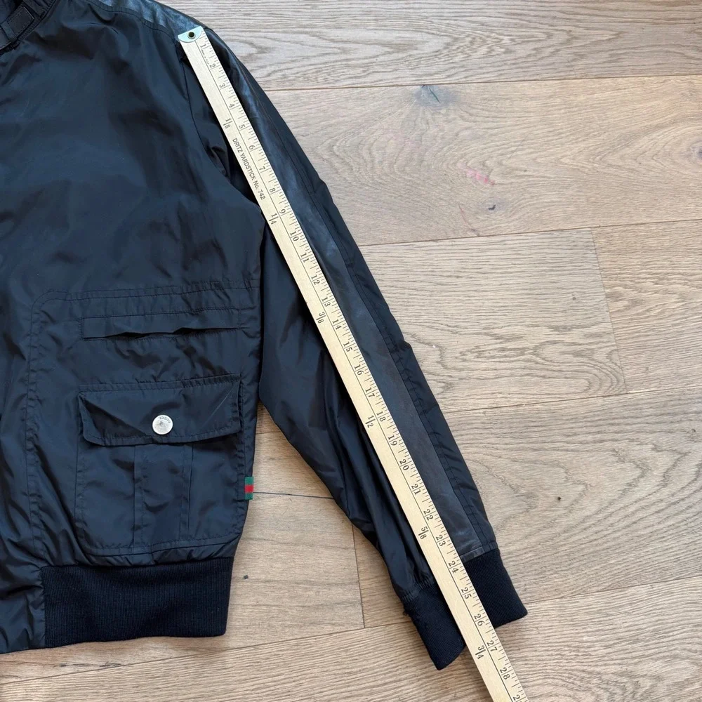 Gucci Mens Black Polyamide Leather Trim Bomber Jacket 221499 Size 54 IT